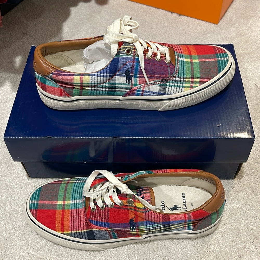 New inbox, Ralph, Lauren polo men’s sneakers, madras  preppy size 7